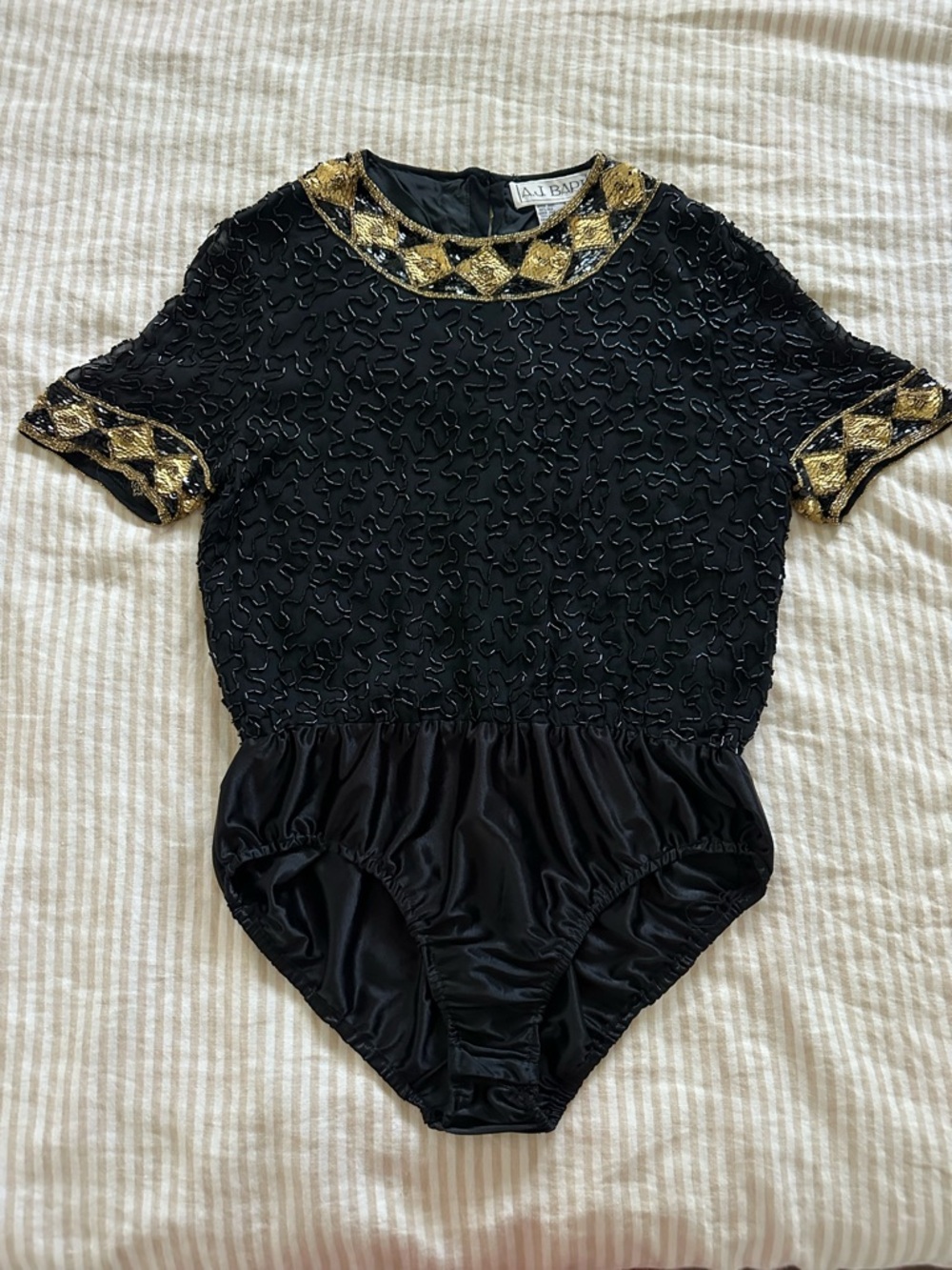 A.J. Bari Black & Gold Short Sleeve Embellished Bodysuit